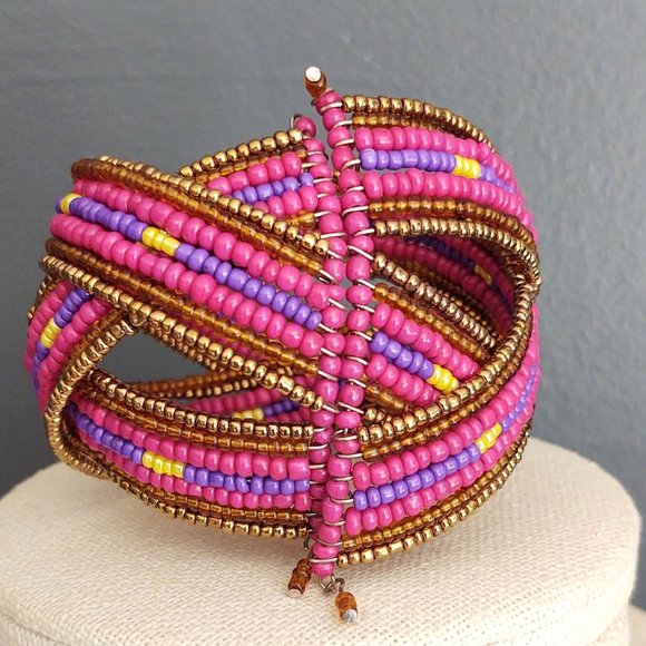 Purple, pink, yellow and metallic seed bead cuff - Picture 8 of 11